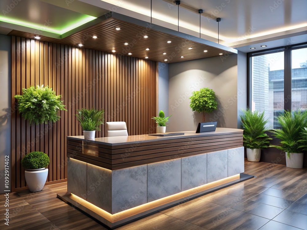 Fototapeta premium Modern Office Front Desk Design: A Sleek and Functional Reception Area with Stylish Furniture, Professional Lighting, and Organized Workspace Elements for a Welcoming Atmosphere