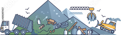 Illustration of a landfill site with garbage truck, waste, and machinery.