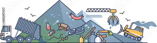 Illustration of a landfill with garbage truck, waste, and machinery symbolizing pollution.