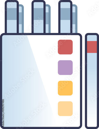 Illustration of ketone test strips with color chart for urine analysis.