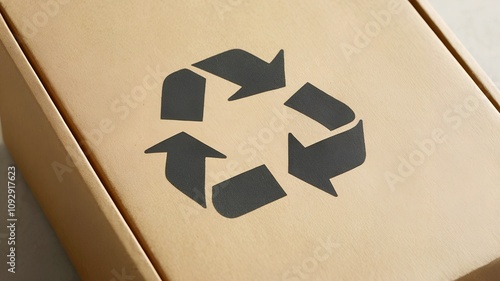 Eco-friendly recyclable packaging symbol on cardboard box for green branding, suitable for use in sustainability campaigns, eco-friendly packaging designs, environmental awareness projects photo