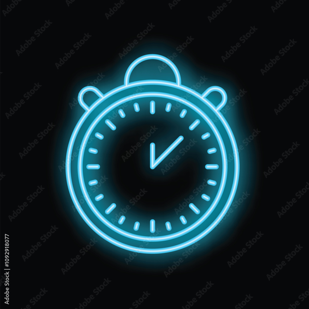 Blue neon stopwatch icon glowing against a dark background, representing the concept of time Blue neon stopwatch icon glowing against a dark background, representing the concept of time