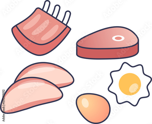 Illustration of meat cuts and eggs symbolizing protein-rich foods.