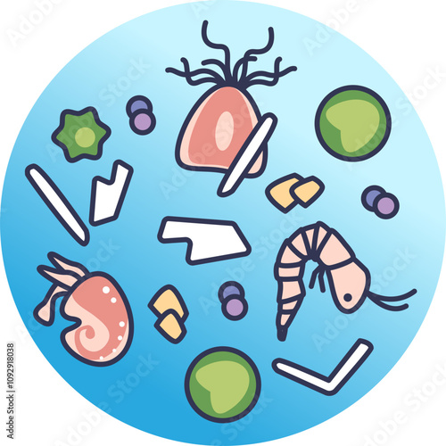 Illustration of microplastics and marine life, highlighting pollution impact.