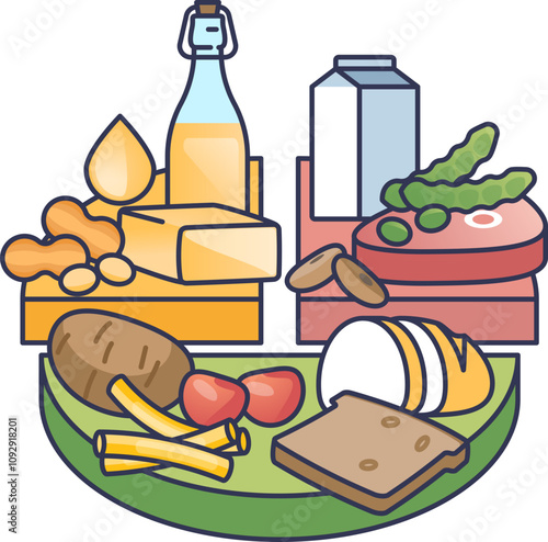 Illustration of diverse food groups for a balanced diet, including dairy, meat, grains, and vegetables.