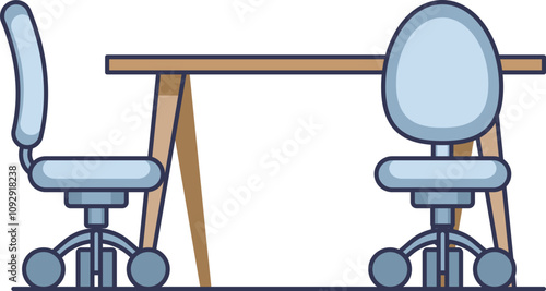 Illustration of an office table with two ergonomic chairs, symbolizing workspace and collaboration.