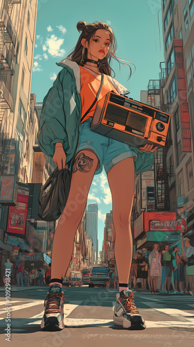 Retro Anime Manga Illustration of a Cute Girl with Boombox and 90s Vibes