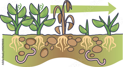 Illustration of plant growth stages, roots, and soil health with earthworms.