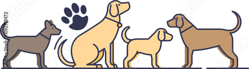 Illustration of four dogs and a paw print, symbolizing companionship.