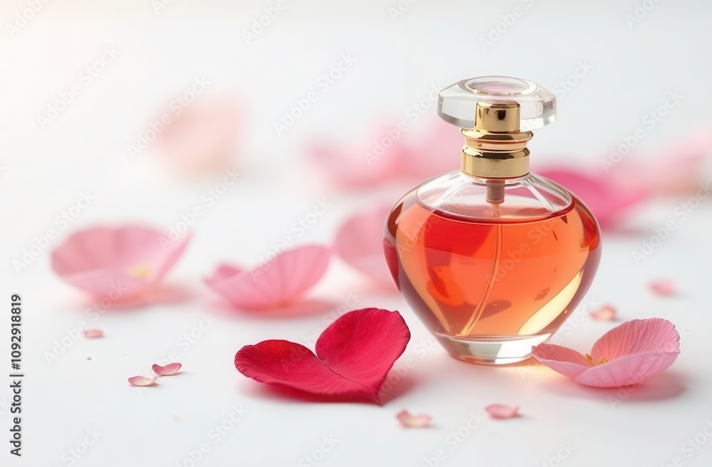 Bottle of perfume with rose petals isolated on white background. Bottle of perfume with rose petals isolated on white background.