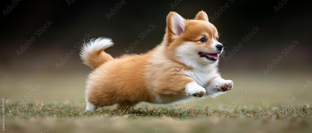 Obraz premium A playful corgi puppy leaps joyfully across a grassy field, celebrating National Puppy Day with energy and enthusiasm in a vibrant outdoor setting