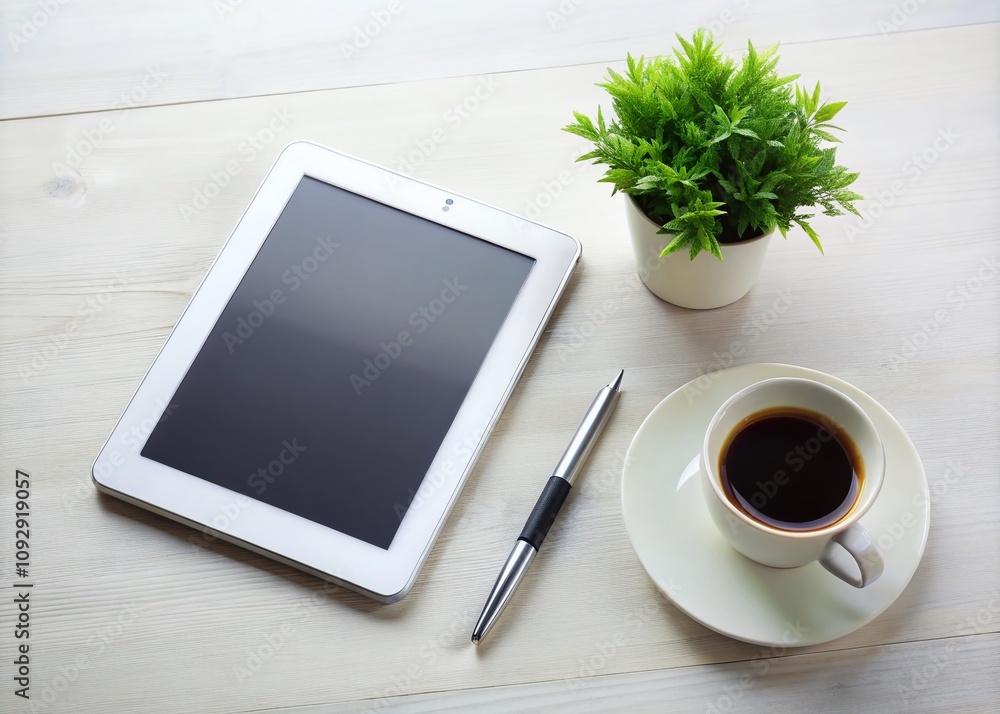 Modern Office Workspace with Tablet PC, Coffee Cup, and Pen on White Desk for Productivity and Creativity Mock-Up Modern Office Workspace with Tablet PC, Coffee Cup, and Pen on White Desk for Productivity and Creativity Mock-Up