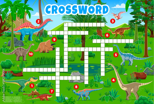 Crossword quiz game grid with prehistoric dinosaur characters. Word puzzle vector worksheet with dino animals crossword quiz. Cartoon allosaurus, pteranodon, triceratops and iguanodon dinosaurs game