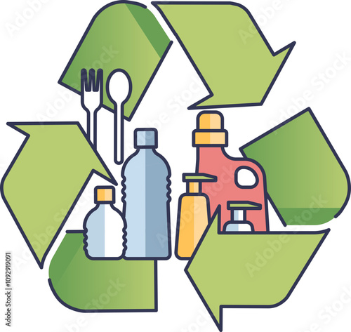 Recycling symbol with plastic bottles and utensils, promoting sustainability.