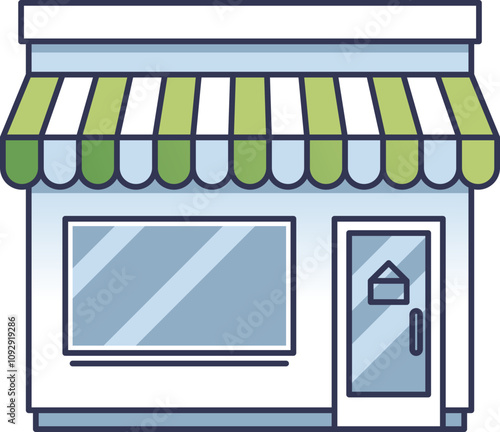 Illustration of a retail storefront with a green awning, large window, and door.