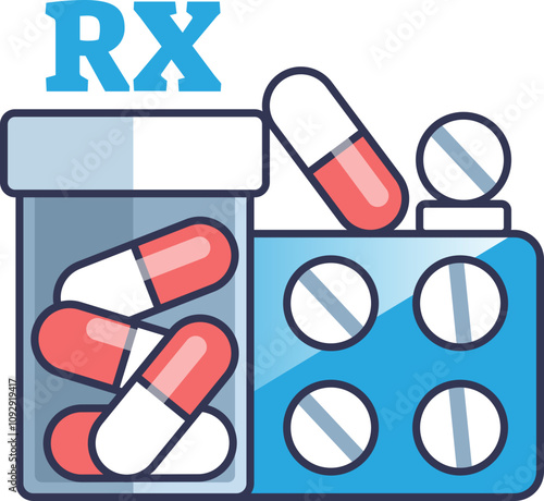 Illustration of prescription medicine with pills and RX symbol.