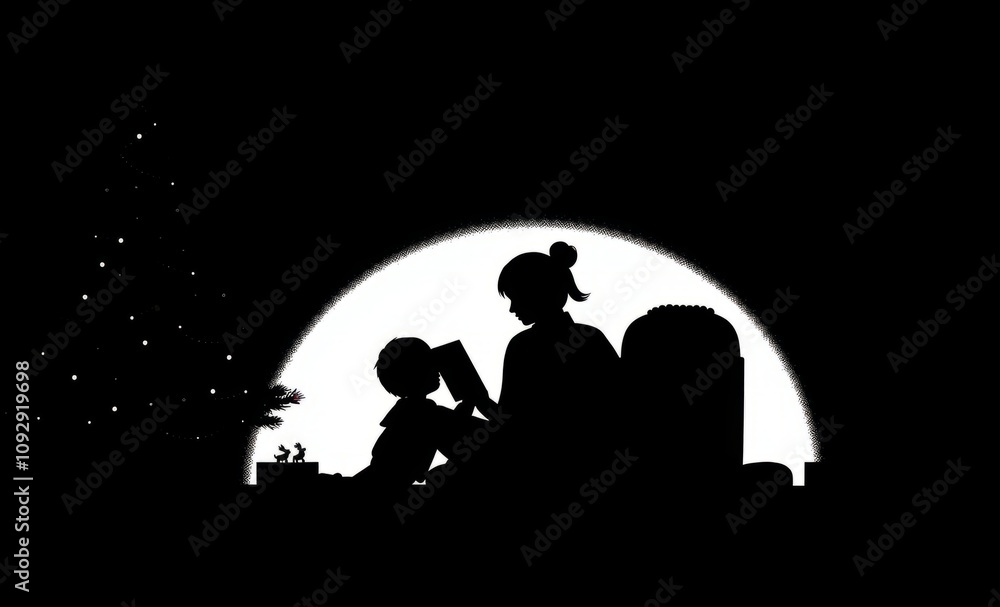 Cozy reading time by the christmas tree on advent morning with a parent and child christmas tree silhouette Illustration Cozy reading time by the christmas tree on advent morning with a parent and child christmas tree silhouette Illustration