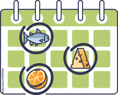Calendar with fish, cheese, and orange, symbolizing food expiration tracking.