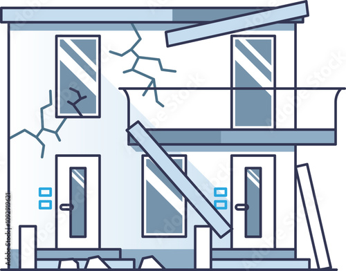 Illustration of a damaged condo with cracks and debris, symbolizing structural failure.
