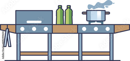 Outdoor kitchen with grill, bottles, and pot symbolizes communal cooking.
