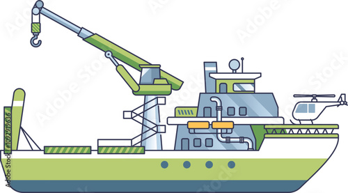 Illustration of a service ship with a crane and helicopter, symbolizing maritime operations and logistics.