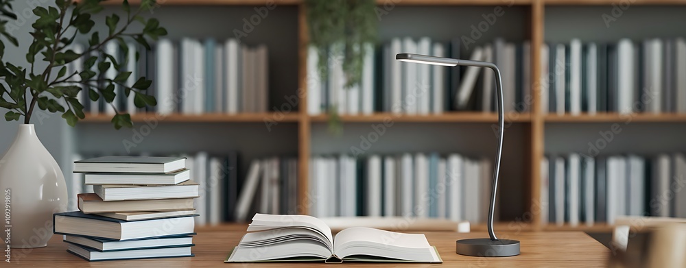 Cozy Reading Desk with Open Book, Desk Lamp, and Bookshelf Background Cozy Reading Desk with Open Book, Desk Lamp, and Bookshelf Background