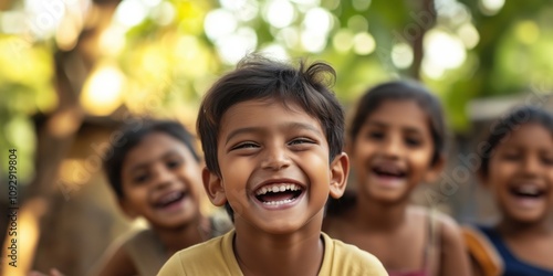 A heartwarming image of joyful children laughing and playing together outdoors, capturing the essence of childhood happiness and carefree moments.