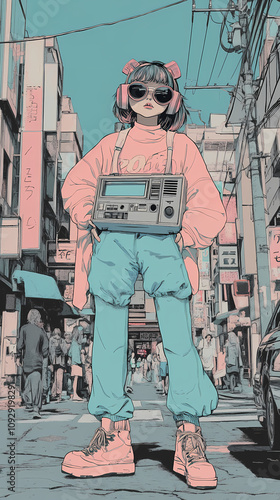 Retro Anime Manga Illustration of a Cute Girl with Boombox and 90s Vibes