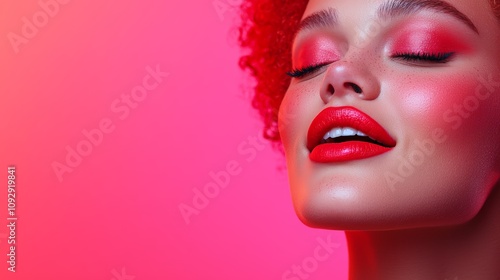 Close-up portrait of a young woman with vibrant red makeup and curly hair against a pink background.