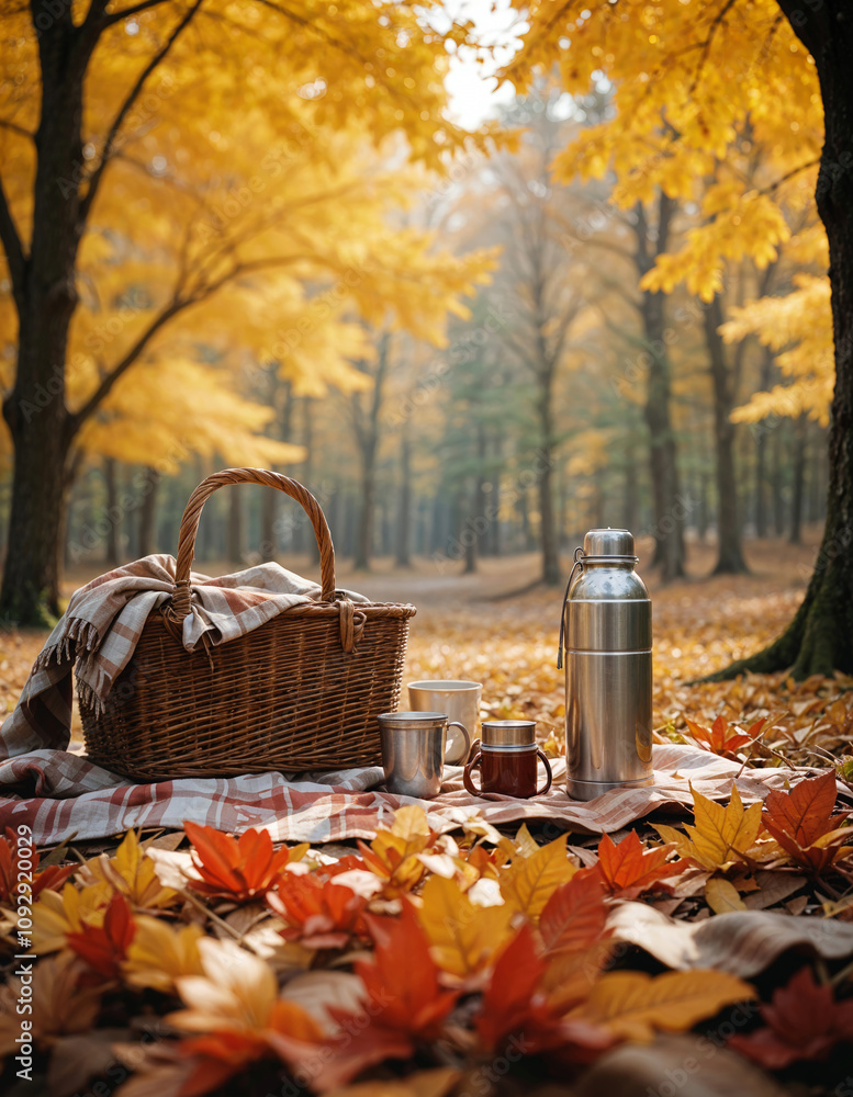 A picnic basket with a thermos, cups, and autumn leaves on the ground in a forest with yellow and orange trees A picnic basket with a thermos, cups, and autumn leaves on the ground in a forest with yellow and orange trees