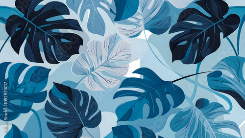 Serene and captivating blue leaf pattern, perfect for modern interior decor and creative projects, offering a calming and sophisticated atmosphere