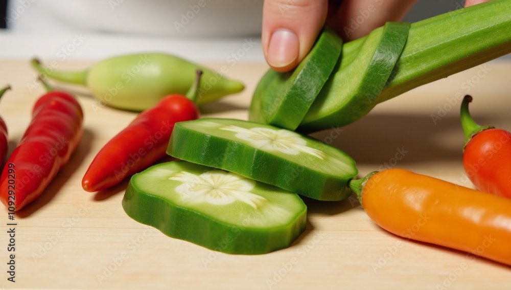 Sliced fresh okra for crunchy vegan stir-fry with vibrant Thai chili peppers Sliced fresh okra for crunchy vegan stir-fry with vibrant Thai chili peppers