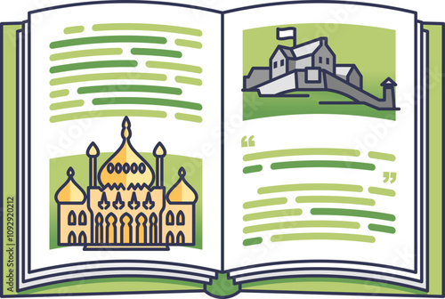 Open guidebook with illustrations of landmarks, symbolizing exploration and cultural discovery.