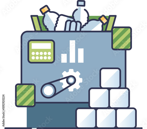 Illustration of a trash compactor with bottles and cubes, symbolizing waste management.