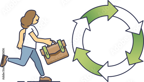 A person with a briefcase running towards a cycle of arrows, symbolizing Agile's iterative process.