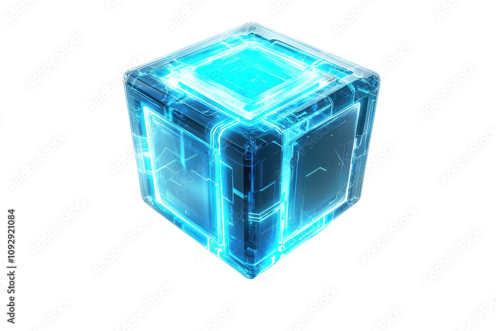 A glowing blue cube with a futuristic design, featuring intricate patterns and a luminous appearance. A glowing blue cube with a futuristic design, featuring intricate patterns and a luminous appearance.