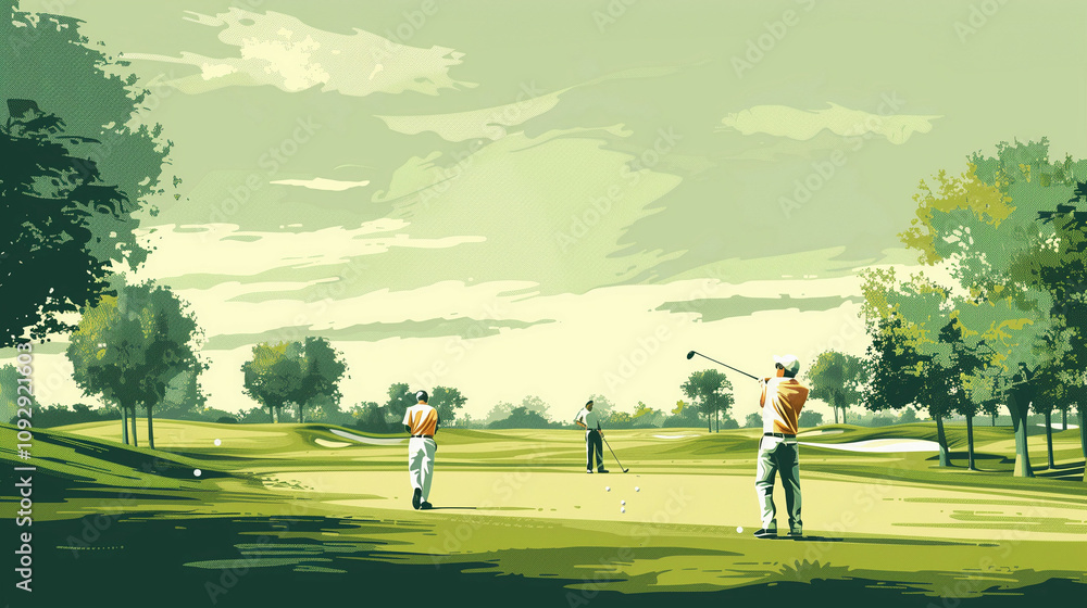 Obraz premium Two golfers on a sunlit course swing their clubs against a backdrop of lush greenery and a vibrant sky during a tranquil afternoon