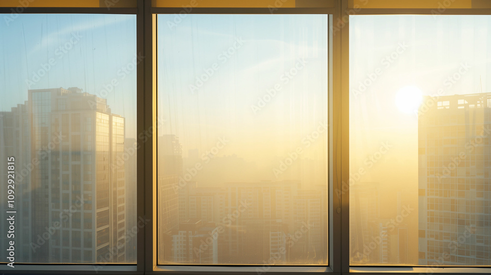 Fototapeta premium A breathtaking sunset view over the skyline, showcasing towering buildings and a vibrant sky from a modern high-rise office in New York City