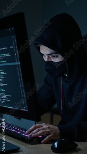 Hacker in disguise executes cyberattack on screen filled with code  data Digital Security Cybercrime Concept photo