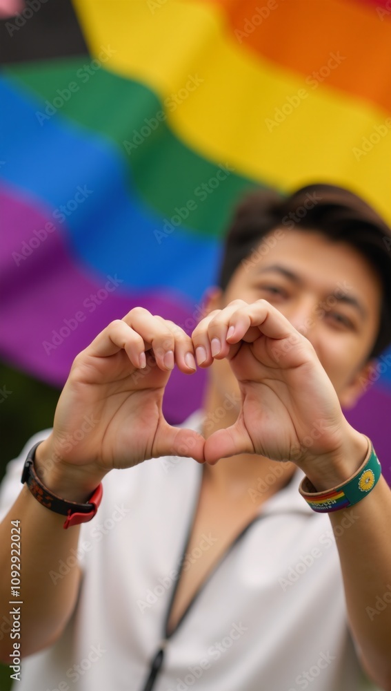 Fototapeta premium Making a heart sign using a Gay Pride Month themed rainbow flag wristband