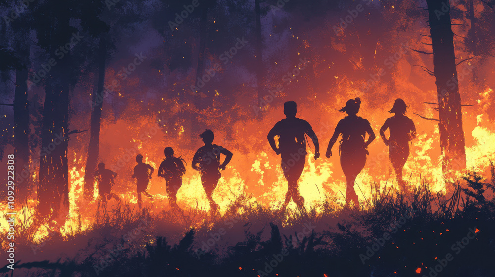 Running Away from Natural Disasters. A group of firefighters runs through a forest engulfed in flames, showcasing bravery and urgency in a wildfire emergency. Running Away from Natural Disasters. A group of firefighters runs through a forest engulfed in flames, showcasing bravery and urgency in a wildfire emergency.