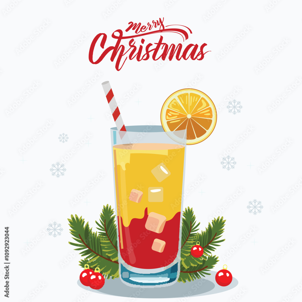 Φωτογραφία Merry Christmas Cocktail Drink Glass on Fir Leaves, Berries Decoration White Background Illustration