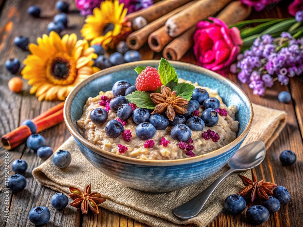 Morning Delight: A Close-Up of Delicious Blueberry Oats Topped with Cinnamon, Surrounded by Beautiful Florals for a Healthy Breakfast Table Setting Morning Delight: A Close-Up of Delicious Blueberry Oats Topped with Cinnamon, Surrounded by Beautiful Florals for a Healthy Breakfast Table Setting