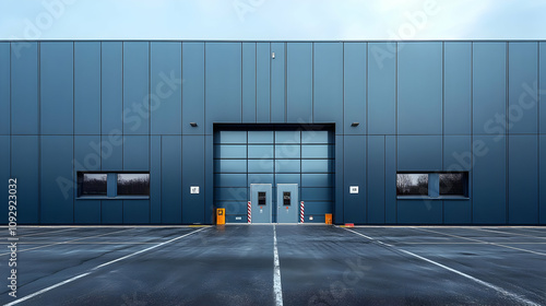 Modern Industrial Building Exterior, Large Doors,  Dark Blue Facade, Clean Design, Empty Parking Lot
