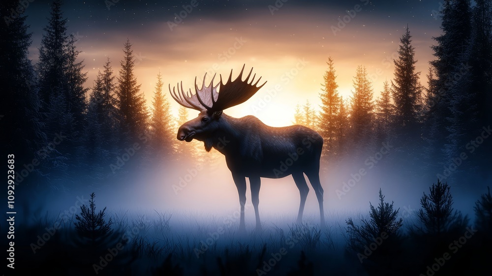 A large moose standing in a foggy forest clearing, its silhouette framed by tall trees and soft morning light, creating a mystical atmosphere A large moose standing in a foggy forest clearing, its silhouette framed by tall trees and soft morning light, creating a mystical atmosphere