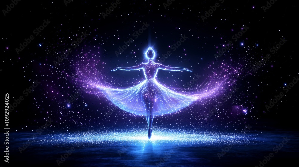 A magical backpack with a glowing aura, lighting up a lone dancer's graceful movements in the darkness, stars twinkling above, fantasy scene A magical backpack with a glowing aura, lighting up a lone dancer's graceful movements in the darkness, stars twinkling above, fantasy scene
