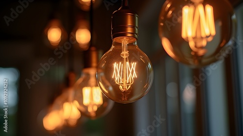Coffee shop interior with designer lamps turned on. Stylish light bulbs hang from the ceiling in a restaurant.