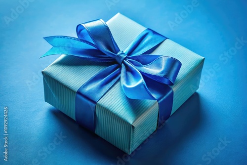 Aerial view of a neatly wrapped gift box with a ribbon on a blue background, embodying the spirit of giving and joy during special celebrations.