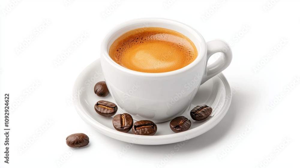 A perfectly brewed black espresso in a white ceramic cup, resting on a saucer with coffee beans, steam gently rising, isolated on clean white backdrop A perfectly brewed black espresso in a white ceramic cup, resting on a saucer with coffee beans, steam gently rising, isolated on clean white backdrop