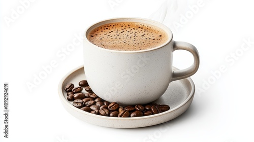 A rich black espresso in a sleek white mug, sitting on a saucer with beans, soft steam wafting upwards, isolated on a pure white background, vibrant and fresh photo